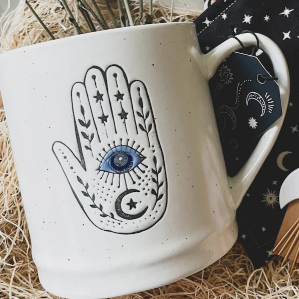 NEW Boho Hamsa Hand Ceramic Mug with Mystic Eye – 17oz Oversized Coffee Cup